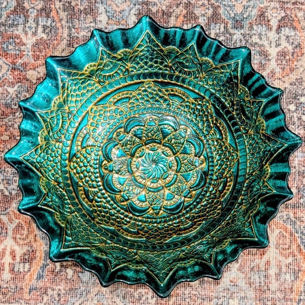 EFE Scalloped Decorative Turkish Glass Bowl - Genuin Silver Reverse - Hand Made